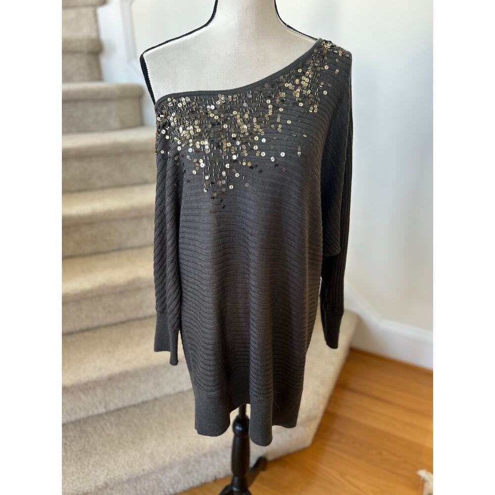 Vintage Y2K Cache Off the Shoulder Grey Sequin Long Line Sweater Mini Dress